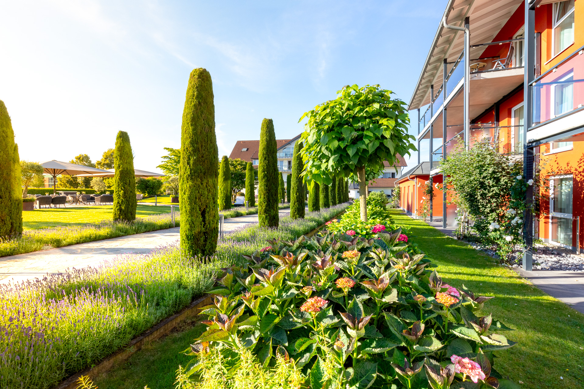 Schöne Gartenlandschaft mit blühenden Pflanzen und Bäumen.